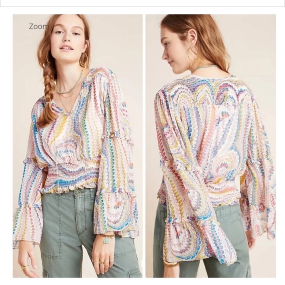 Maeve jessa Multicolor Smocked Bell-Sleeve Blouse medium‎